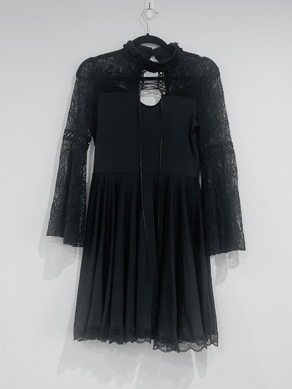 Black Lace-Sleeve Front-Lace Up Dress